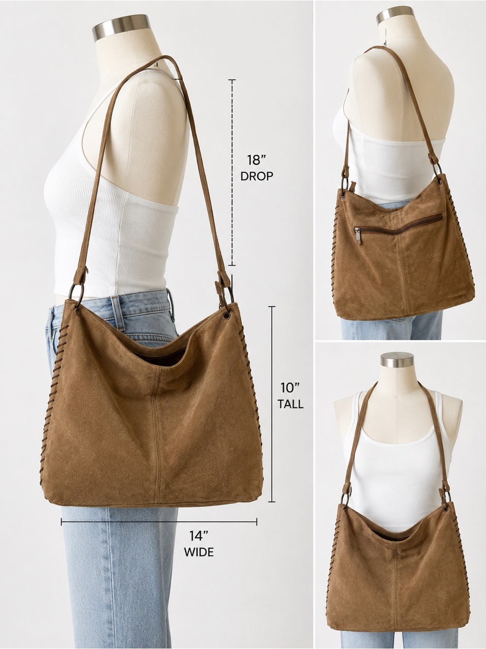 Genuine Suede Leather Boho Hobo Shoulder Bag Tan Whipstitched Medium